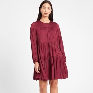 Banana Republic Long Sleeve Satin Tiered Mini Dress Mulled Cranberry M Medium